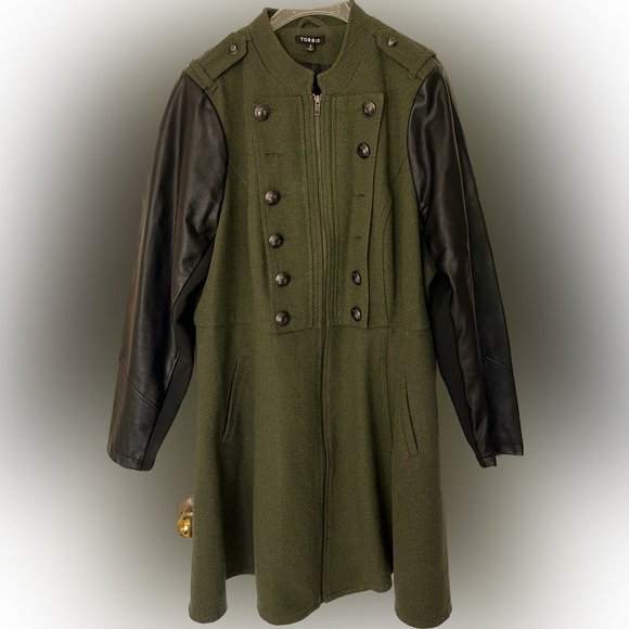 torrid Jackets & Blazers - Mixed media green and black faux leather military style jacket with flare